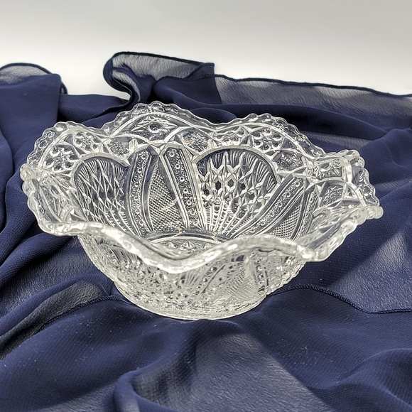 Vintage Other - EAPG Hobstar Starburst Ribbon Sawtooth Ruffled Scalloped Sm Serving Bowl Antique